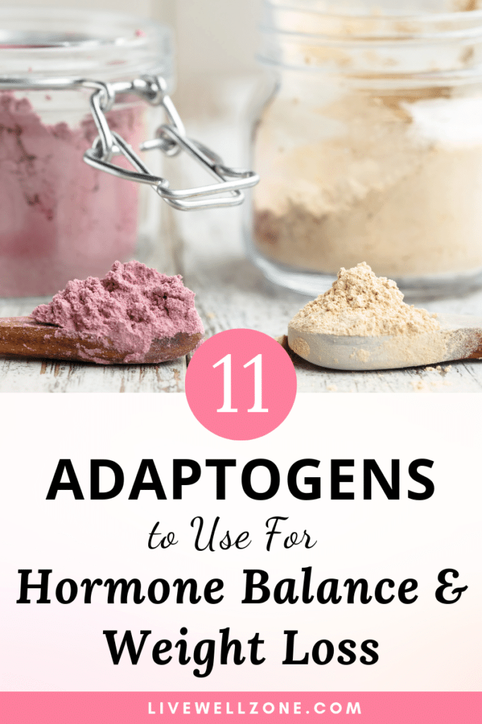 red and white maca in jar and spoon adaptogens for hormone balance