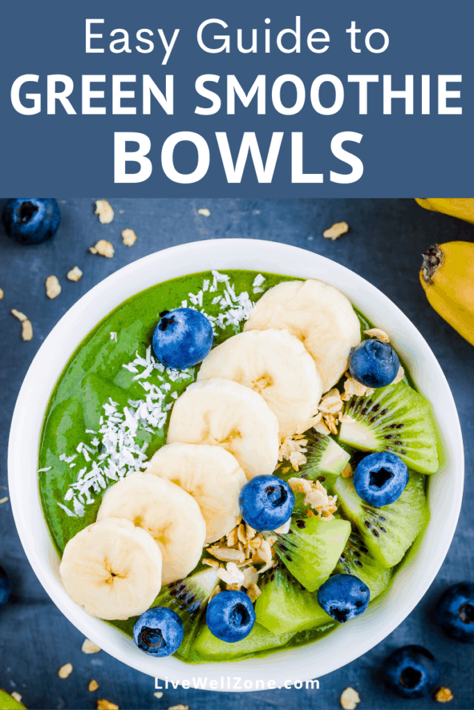 simple green smoothie bowl recipes on blue background