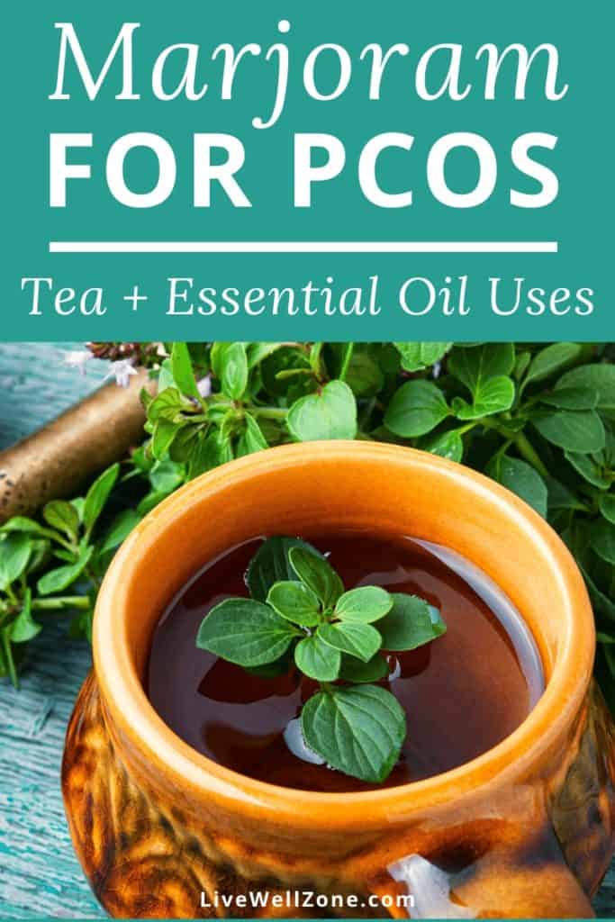 marjoram for pcos tea with herbs on blue background