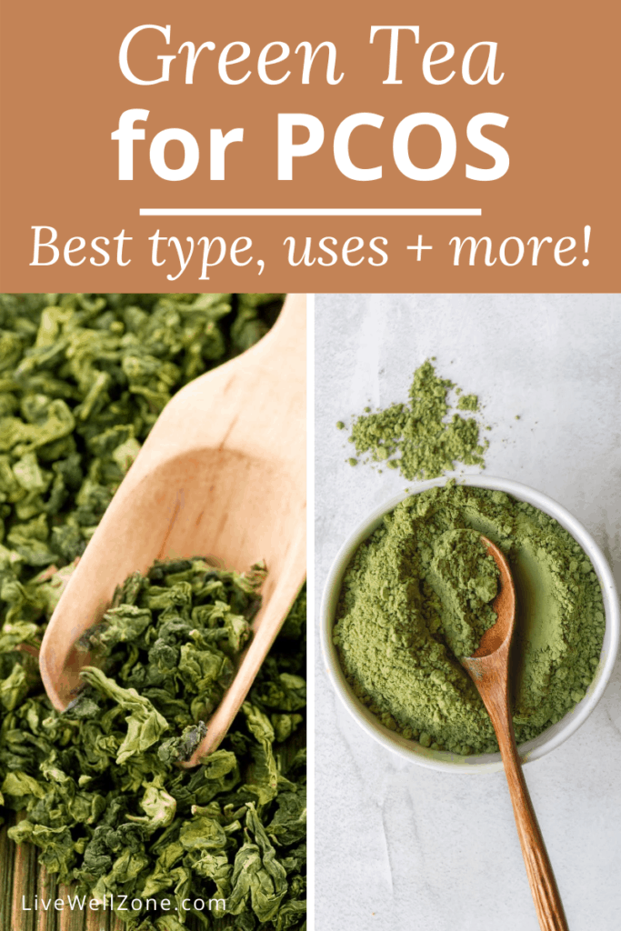 best green tea for pcos pin with matcha and tea leaves