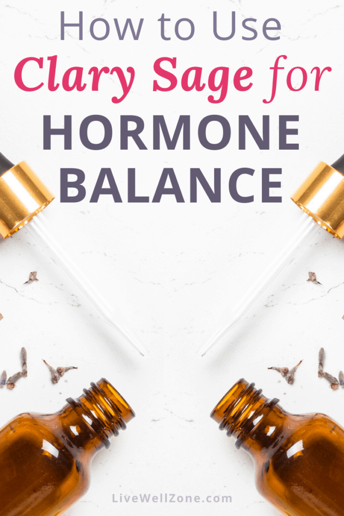 how to use clary sage oil for hormone balance - pin image with essential oil bottles and droppers