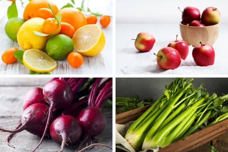 ingredients for a hormone balancing juice - celery beetroot apples and citrus