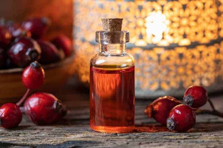 rosehip oil benefits - with bottle and fruits on table