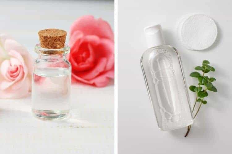 collage showing difference between rose water and micellar water