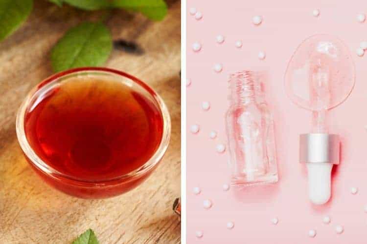 collage of rosehip oil in a bowl and hyaluronic acid serum