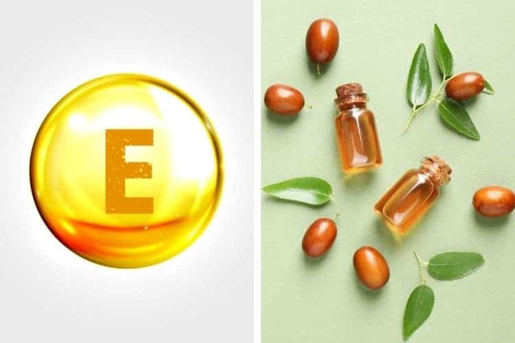 collage of vitamin e and jojoba oil