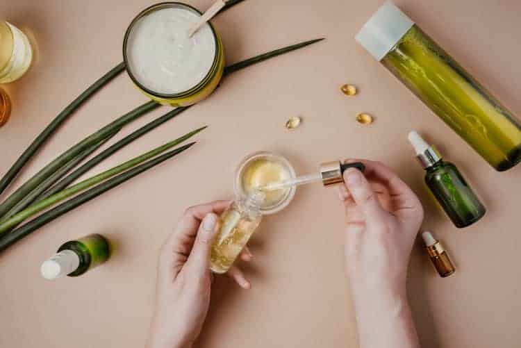 overhead view of skin care products