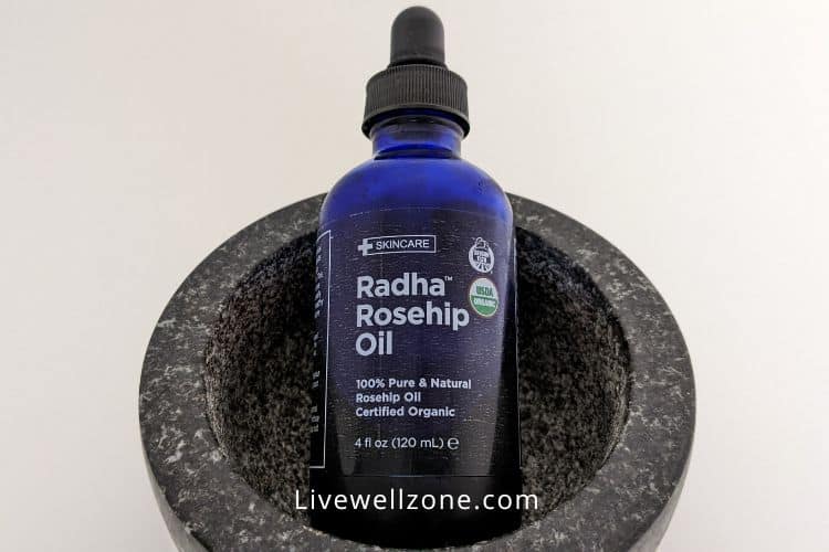 bottle of radha rosehip oil