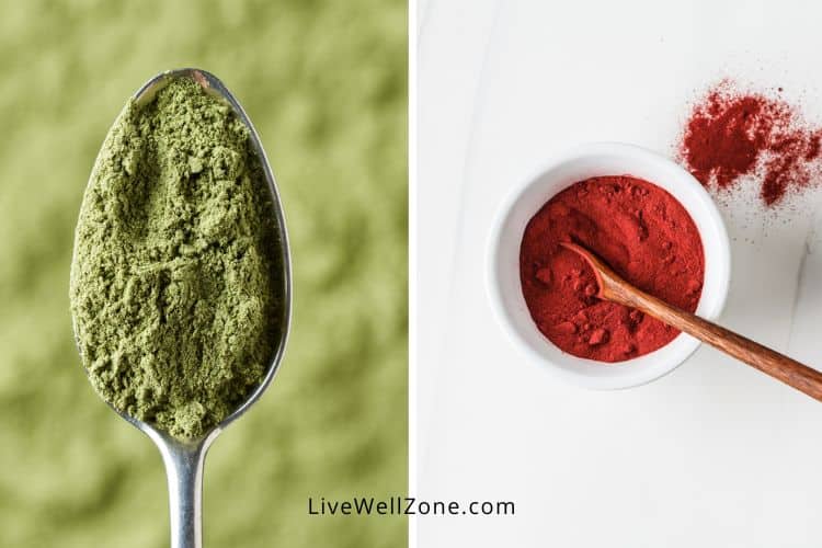 closeup of green powder vs red powder