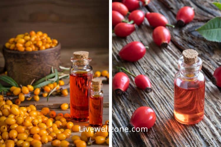 collage of sea buckthorn oil vs rosehip oil