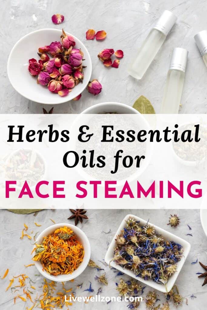 close up of herbs and essential oils for face steaming