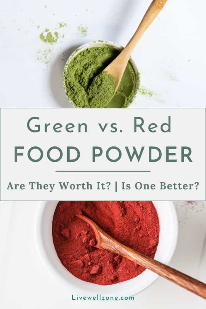 collage of green and red superfood powder