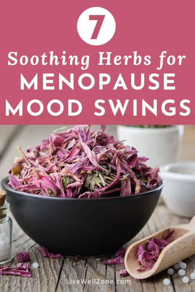 graphic showing 7 soothing herbs for menopause mood swings