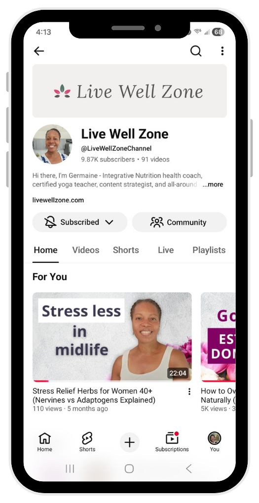 mockup of live well zone youtube channel on phone