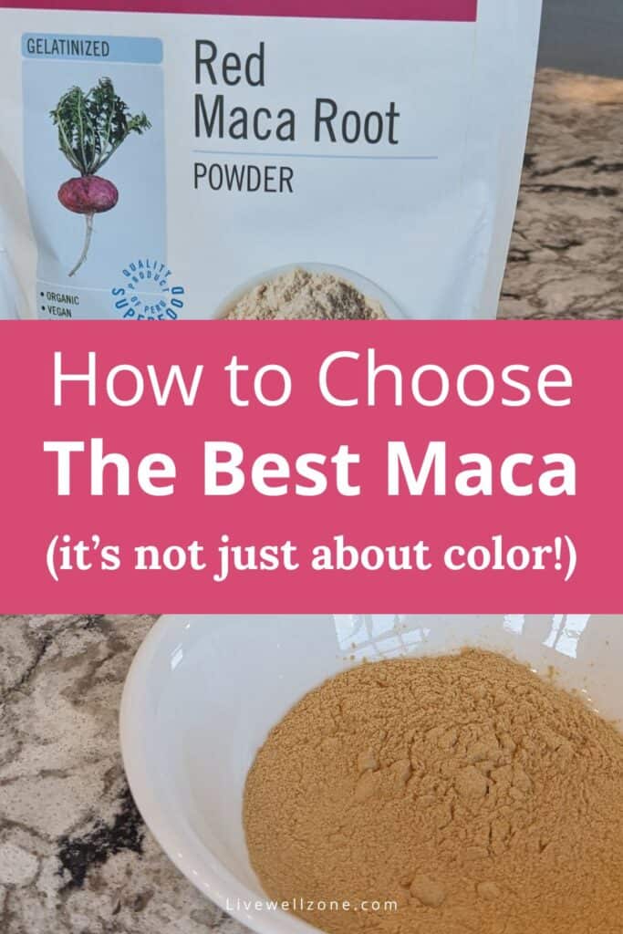 bag of red maca powder and bowl, with text for how to choose the best maca