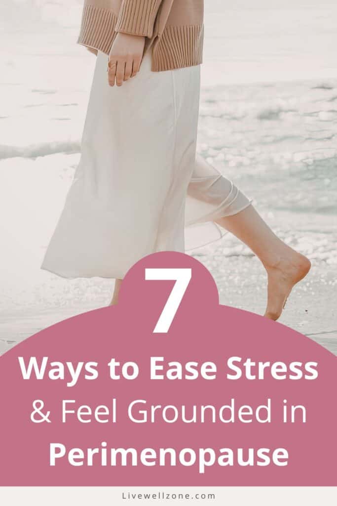 pin image with woman at beach and tips for easing perimenopause stress